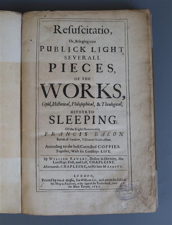 Bacon, Francis Sir - Resuscitatio, 1st edition qto, rebound half cloth, lacking portrait, library stamps scattered